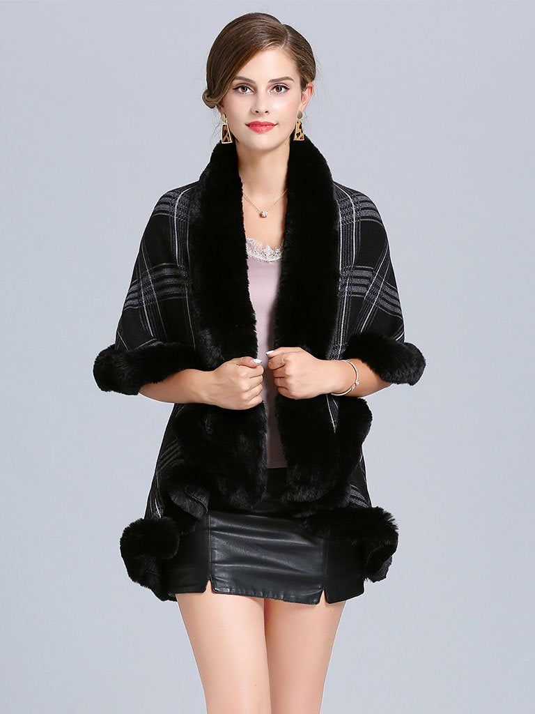 Women Poncho Wrap Faux Fur Collar Double Layer