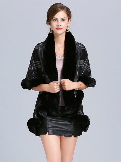 Women Poncho Wrap Faux Fur Collar Double Layer