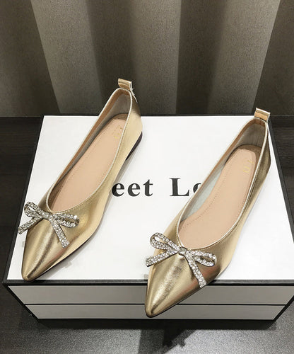 Women Comfy Bow Splicing Flat Shoes Gold Faux Leather Pointed Toe