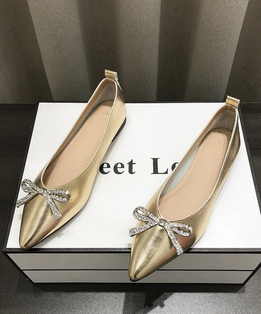 Women Comfy Bow Splicing Flat Shoes Gold Faux Leather Pointed Toe