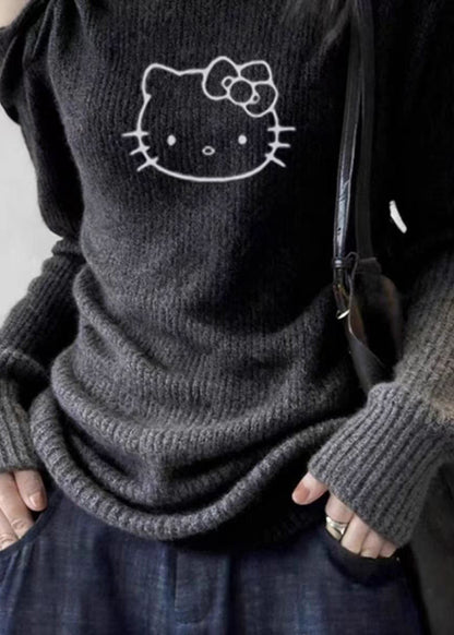 Chic Dark Grey Cold Shoulder Print Cotton Knit Sweater Tops Spring