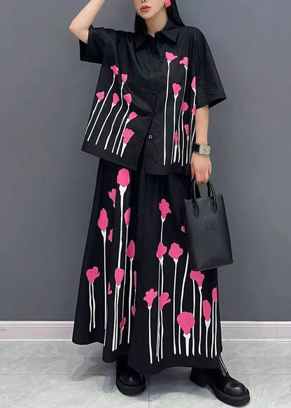 Black Print Shirt And Skirts Two Pieces Set Summer