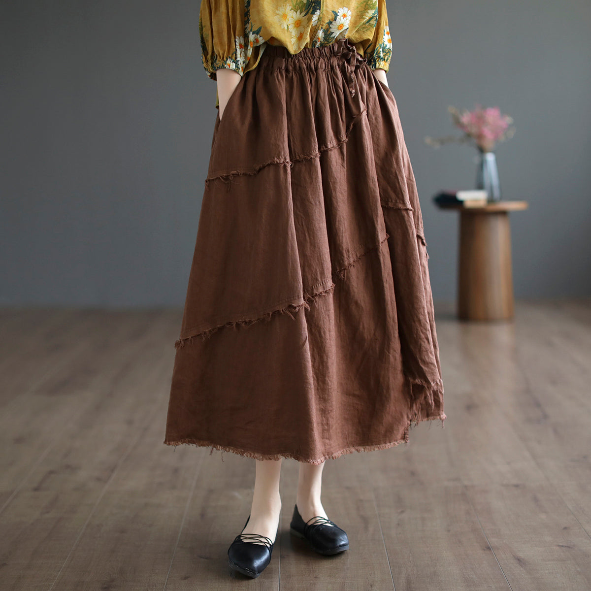Cozy Autumn Casual Trim Linen A-Line Skirt