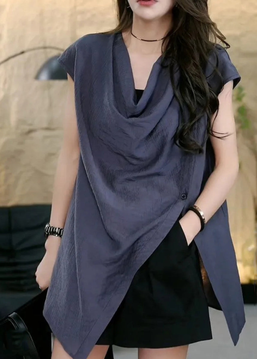 Chic Coffee Asymmetrical Side Open Solid Tops Sleeveless