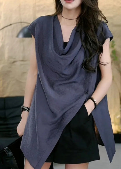 Chic Coffee Asymmetrical Side Open Solid Tops Sleeveless