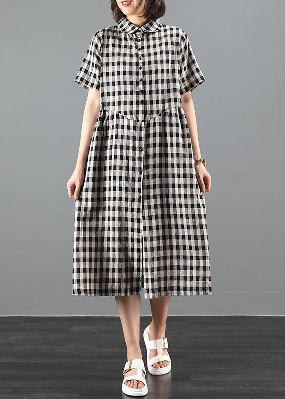 Bohemian lapel Cinched summer dress Work black plaid Maxi Dresses