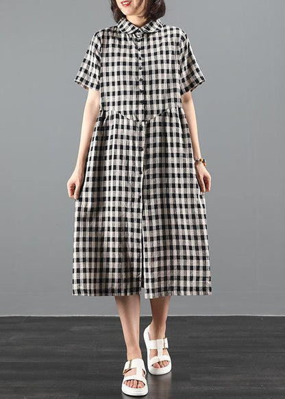 Bohemian lapel Cinched summer dress Work black plaid Maxi Dresses