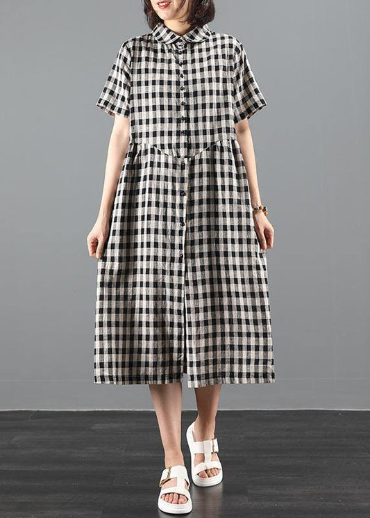 Bohemian lapel Cinched summer dress Work black plaid Maxi Dresses