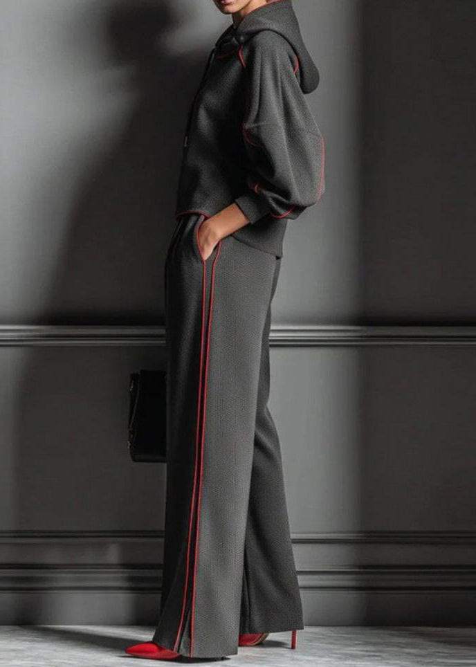Casual Dark Gray Hooded Striped Sweatshirts And Pants Cotton Two Pieces Set Spring