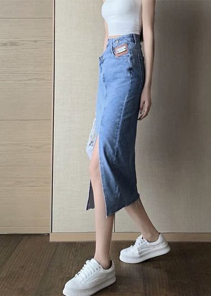 Chic Blue Side Open Asymmetrical Patchwork Denim Maxi Skirts Summer