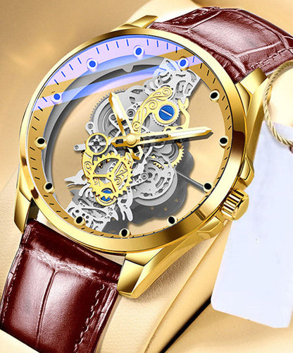 Casual Black Leather Hollow Out Fully Automatic Machinery Watches