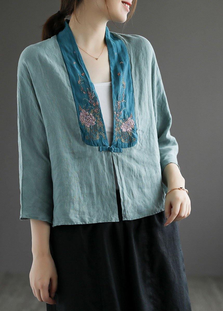 Fashion Purple Retro Embroideried Patchwork Summer Linen Blouse
