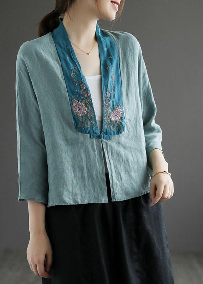 Fashion Purple Retro Embroideried Patchwork Summer Linen Blouse