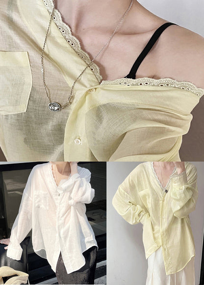 Yellow Lace Pockets Silk Cotton Summer Blouse V Neck