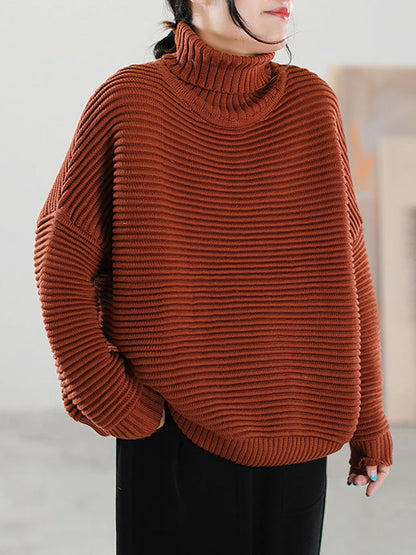 Women Highneck Solid Color Knitted Loose Long Sleeve Sweater