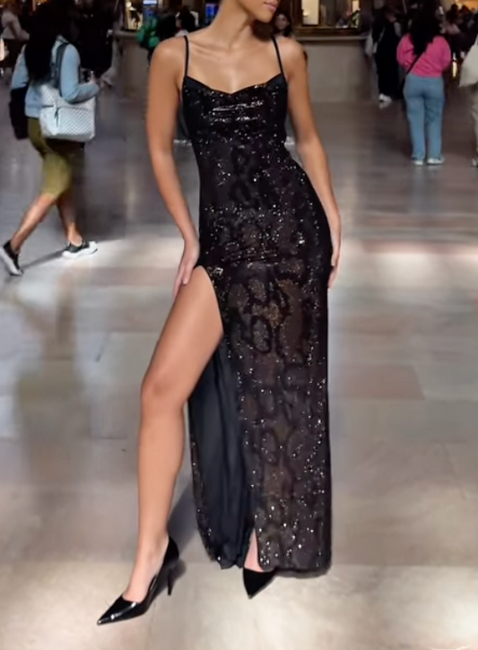 Sexy Sling Slim High Slit Sequined Python Dress