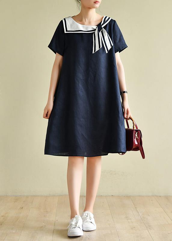 Casual navy style collar short sleeve mid-length dress