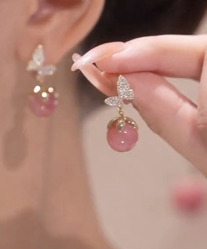 Cute Pink Alloy Zircon Butterfly Cat Eye Stone Stud Earrings