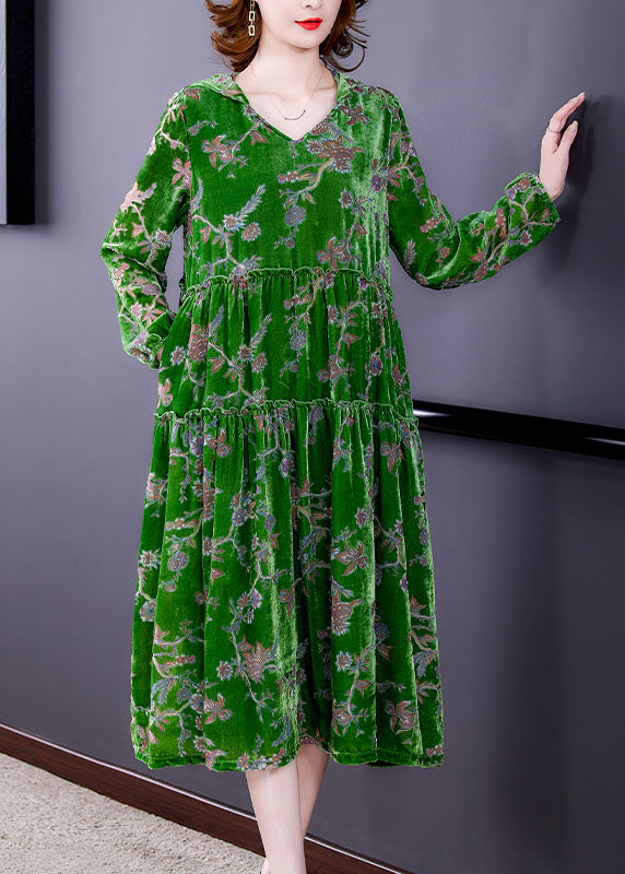 Fashion Green Ruffled Patchwork Velour Dresses