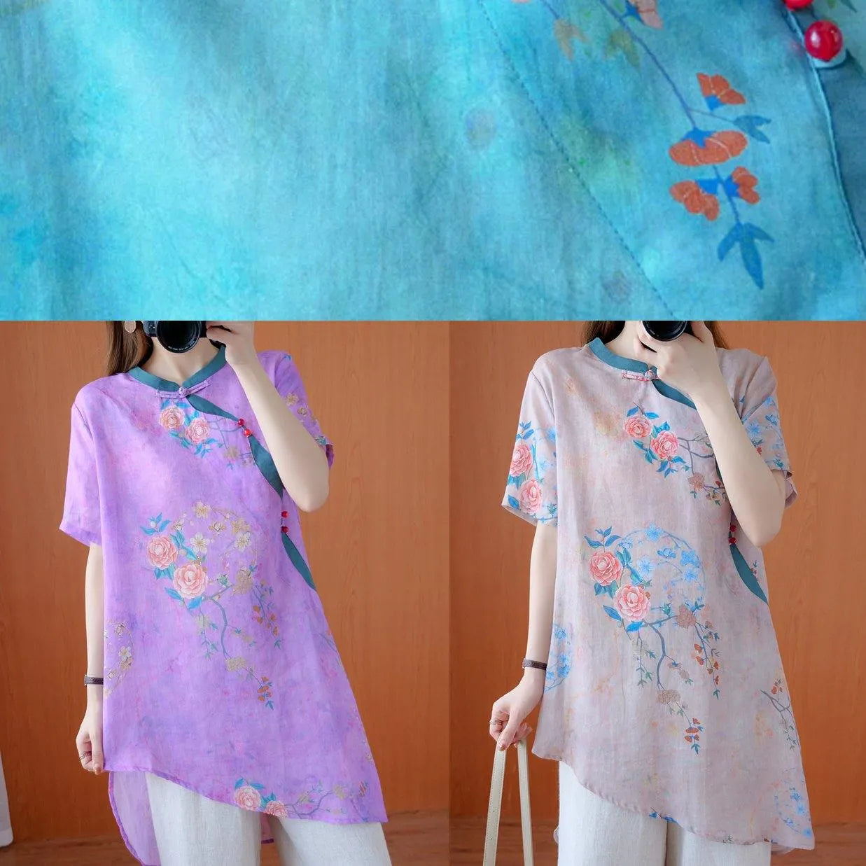 Modern light pink print top stand collar asymmetric Art tops