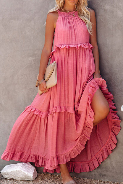 Blue Vittoria Shirred Ruffle Tiered Maxi Halter Dress