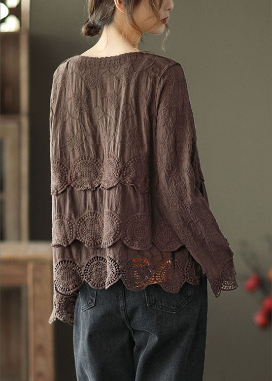 Plus Size Coffee Casual Embroideried Hollow Out Fall Long sleeve Shirt Tops