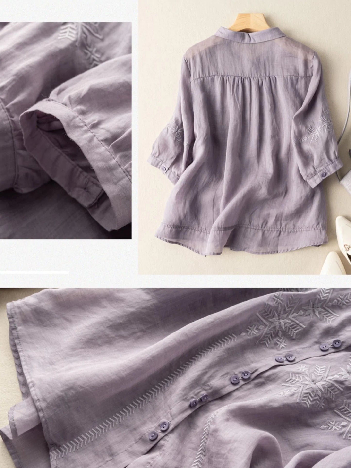 Embroidered Half Sleeve Casual Linen Shirt Top