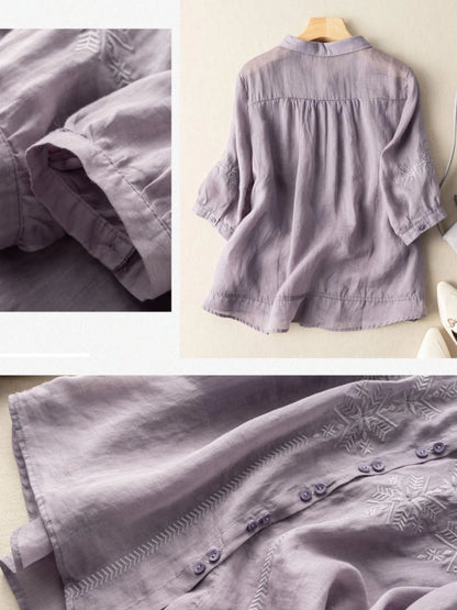 Embroidered Half Sleeve Casual Linen Shirt Top
