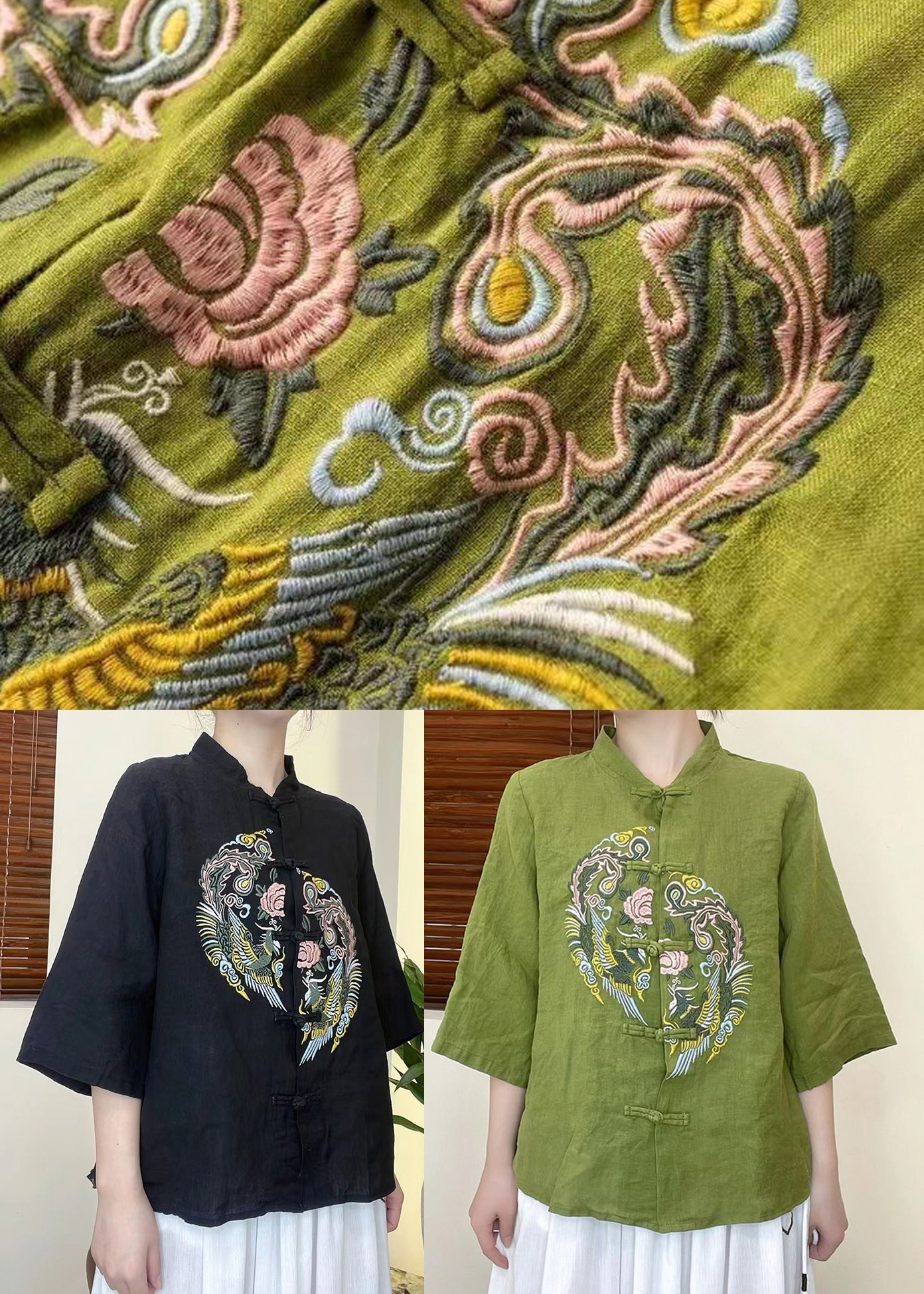 2022 Green Embroideried Linen Shirt Top Half Sleeve