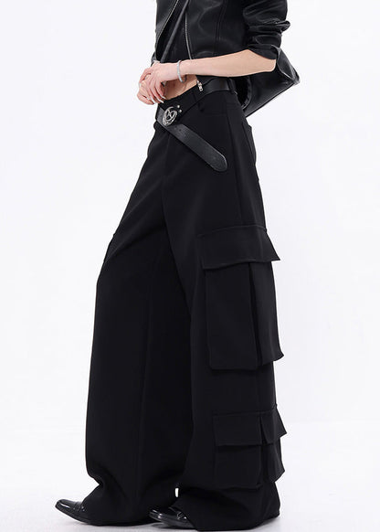 Fashion Black Pockets Cotton Wide Leg Pants Fall