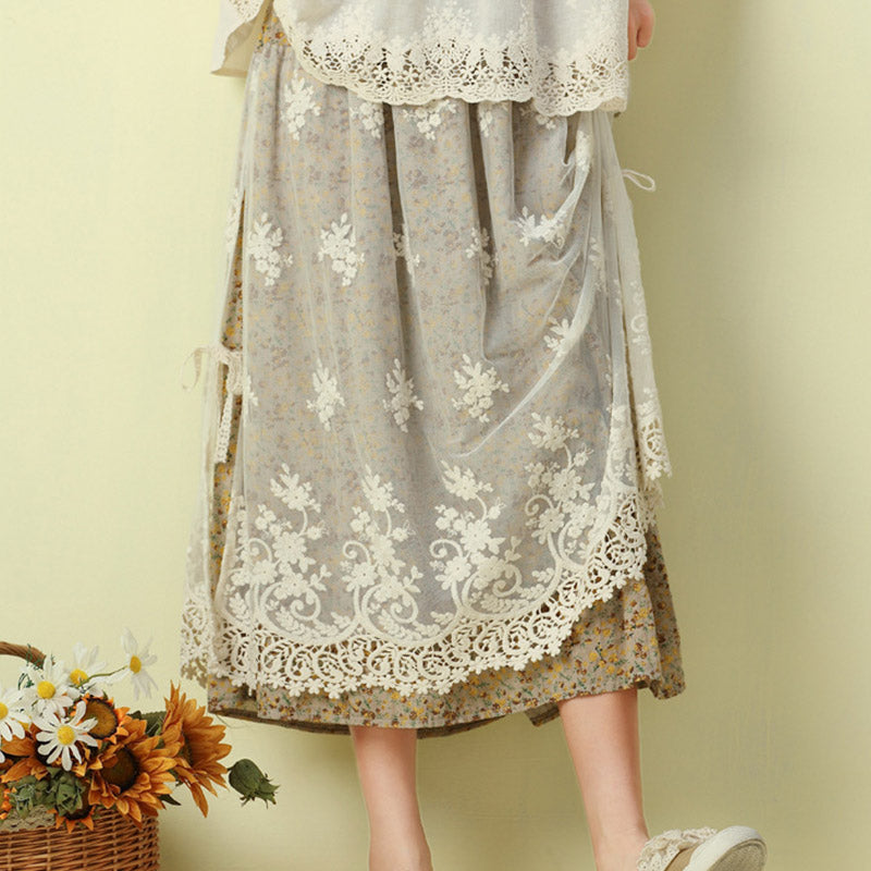 Cozy Linen Retro Floral Embroidery Lace Mesh Skirt