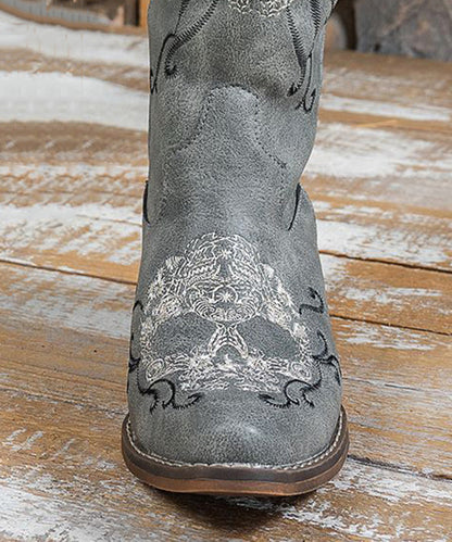 Boho Embroidery Solid Chunky Boots Grey Faux Leather