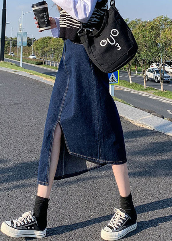Elegant Navy Side Open Asymmetrical Pocket Cotton Denim Wraped Skirts Cozy