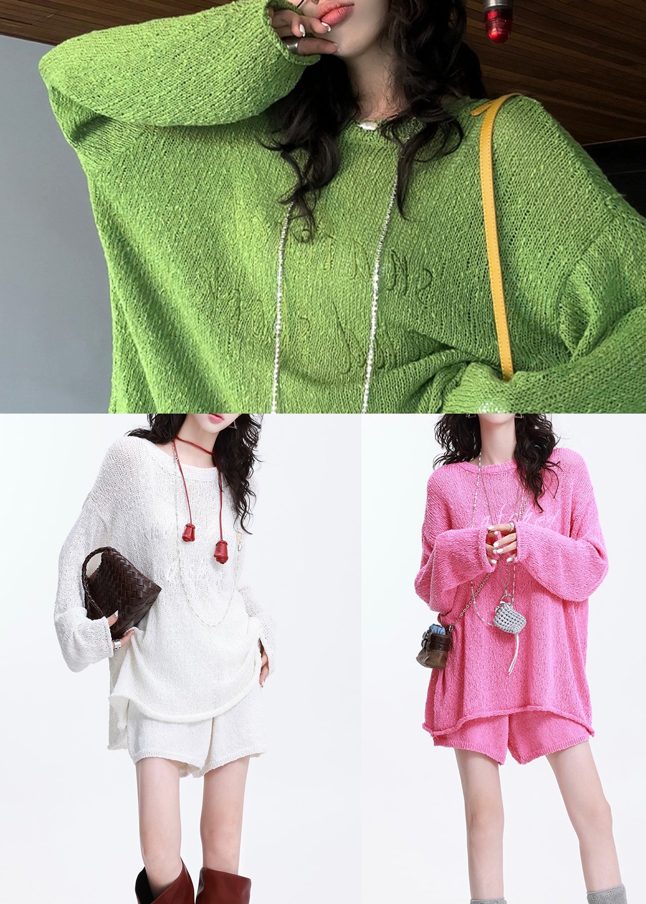 Casual Grass Green Embroidered Letter Knit Two-Piece Set Spring
