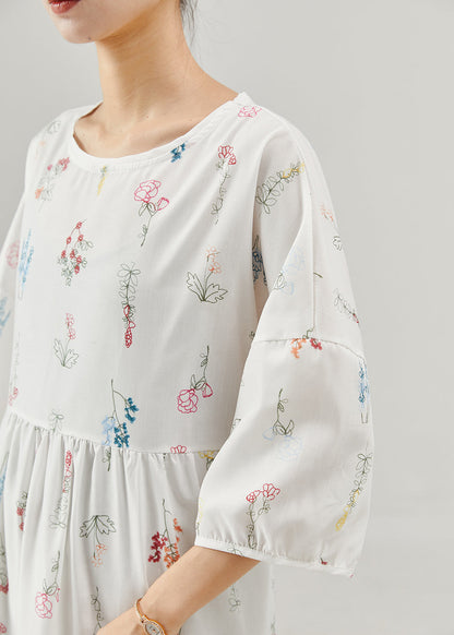 Vintage White Oversized Print Cotton Long Dresses Bracelet Sleeve
