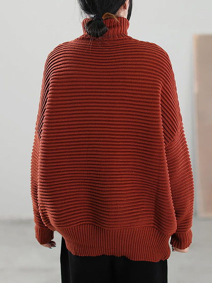 Women Highneck Solid Color Knitted Loose Long Sleeve Sweater