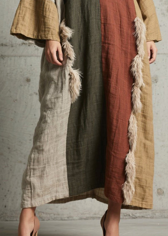 Retro Colorblock Oversized Patchwork Faux Fur Maxi Dresses Fall