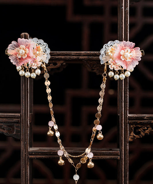 Beautiful Pink Copper Alloy Pearl Resin Chain Peony Girls Hairpin