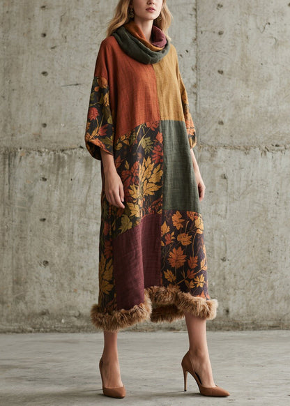 New Colorblock Print Fuzzy Fur Patchwork Cotton Long Dress Fall