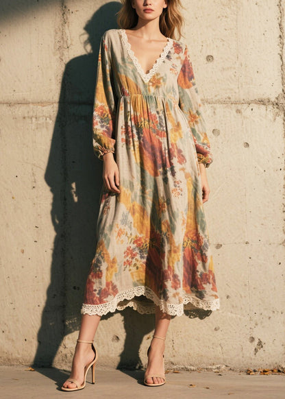 Vintage Print Patchwork Lace Cotton Long Dress Fall
