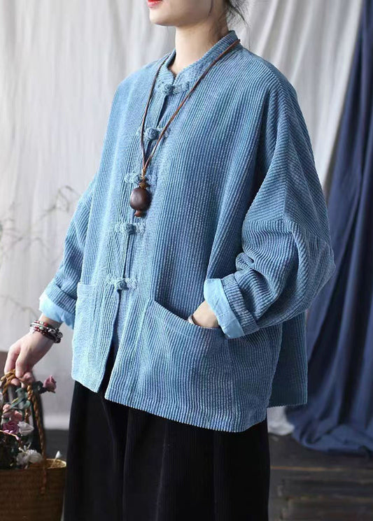 Vintage Blue Pockets Chinese Button Corduroy Jacket Spring