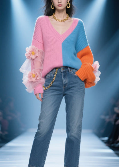 Fashion Colorblock V Neck Tulle Floral Patchwork Knit Sweater Fall
