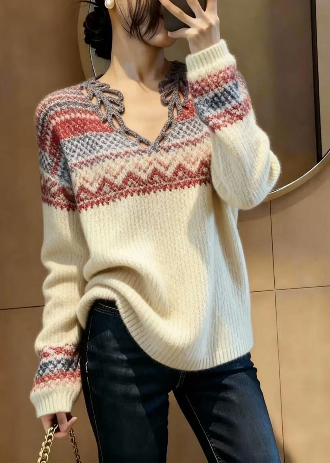 Elegant Beige V Neck Print Knitted Tops Spring
