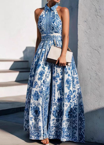 Boho Baby Blue Peter Pan Collar Print Maxi Dress Summer