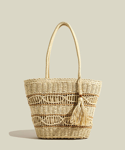 Retro Khaki Tasseled Hollow Out Straw Woven Shoulder Bags