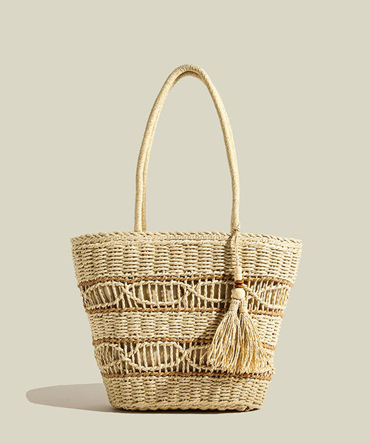 Retro Khaki Tasseled Hollow Out Straw Woven Shoulder Bags