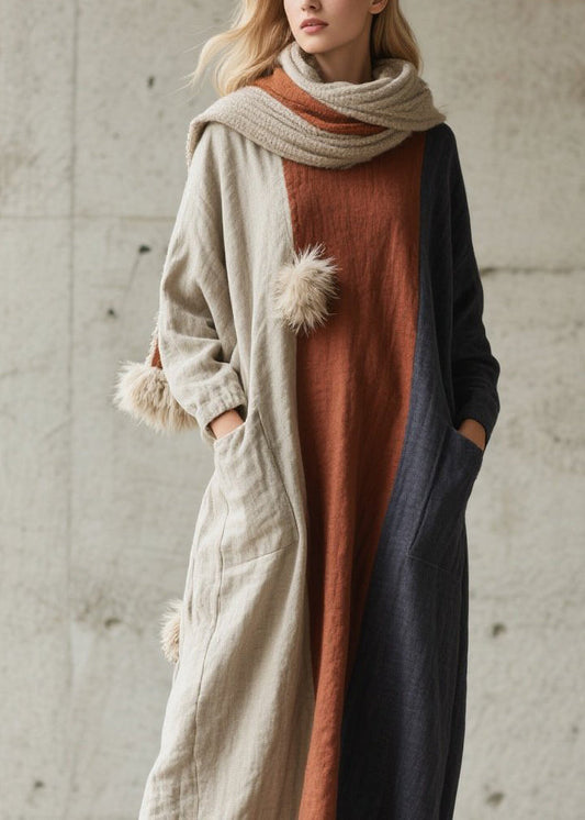 Plus Size Colorblock Pockets Patchwork Cotton Dress Fall