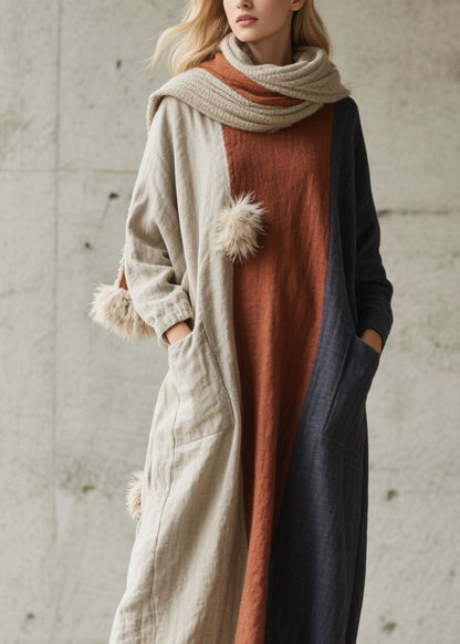 Plus Size Colorblock Pockets Patchwork Cotton Dress Fall