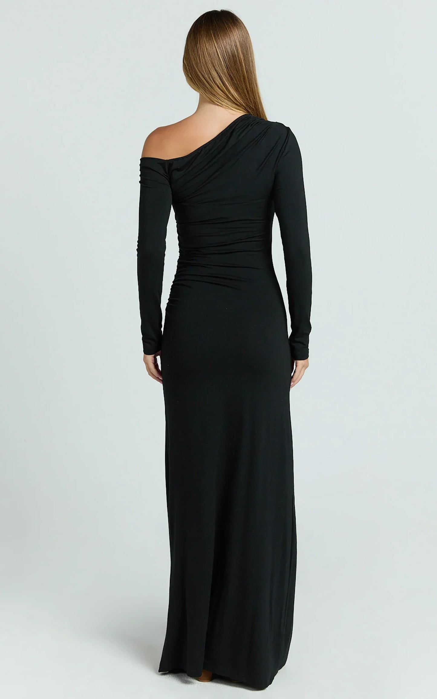 Milly Maxi Dress - Asymmetrical Off Shoulder Long Sleeve Side Ruching Maxi Dress In Black