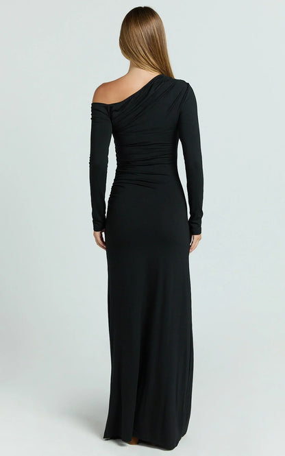 Milly Maxi Dress - Asymmetrical Off Shoulder Long Sleeve Side Ruching Maxi Dress In Black